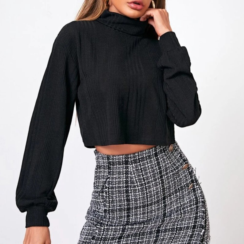 Turtle Neck Rib-knit Crop Top